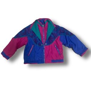 Vintage 1980s Retro Blue Paisley Colorblock Purple 100% Silk Multicolor Jacket